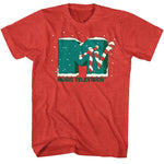 Red T-shirt featuring a festive MTV logo decorated with snow and candy canes, evoking classic 80s holiday vibes.