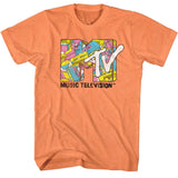Orange MTV Music Television T-shirt with colorful retro cassette and boombox pattern logo