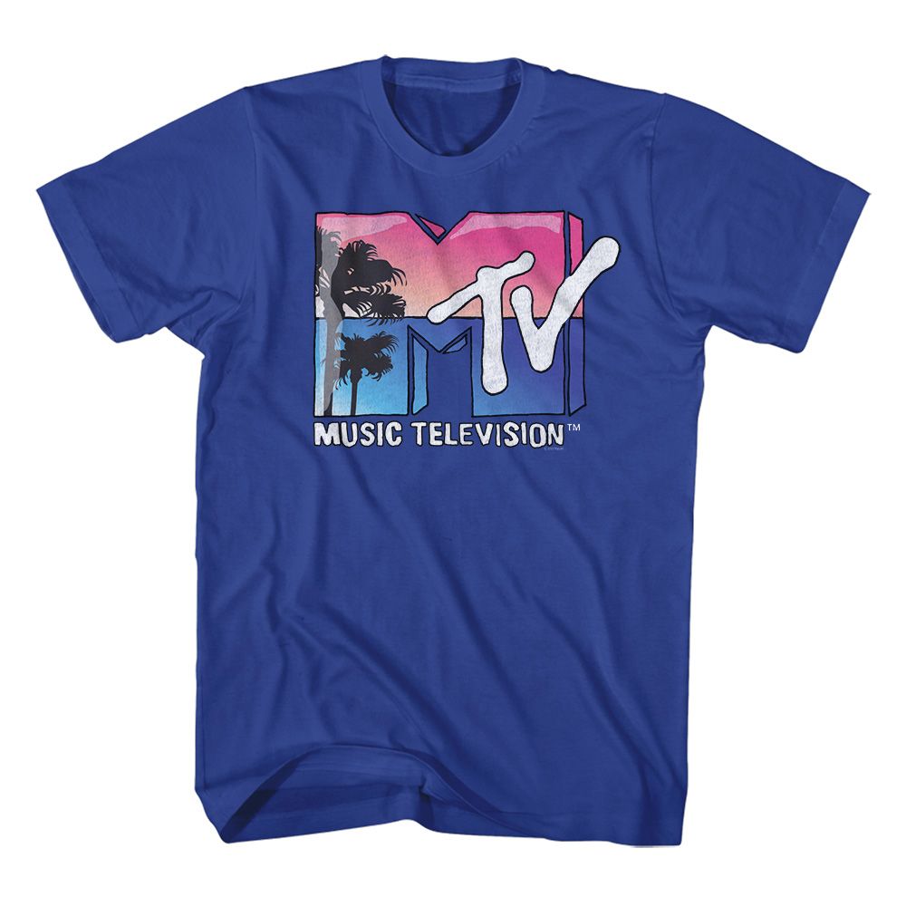 Blue MTV Music Television T-shirt with retro sunset and palm tree logo