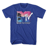 Blue MTV Music Television T-shirt with retro sunset and palm tree logo