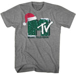 Gray T-shirt featuring the MTV logo decorated with a Santa hat and Christmas tree pattern, inspired by classic 80s holiday style.