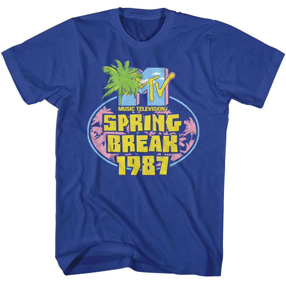 Bright blue T-shirt featuring a retro MTV Spring Break 1987 logo with palm trees and vibrant yellow and pink lettering.