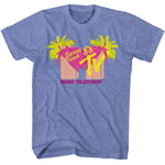 Blue MTV Spring Break 88 Music Television T-shirt with neon palm trees, bikini and retro logo
