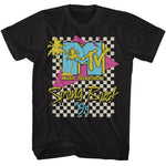 Black MTV Spring Break 91 Music Television T-shirt with palm trees and retro checkerboard design