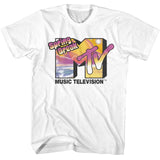 White MTV Spring Break Music Television T-shirt with sunset beach graphic