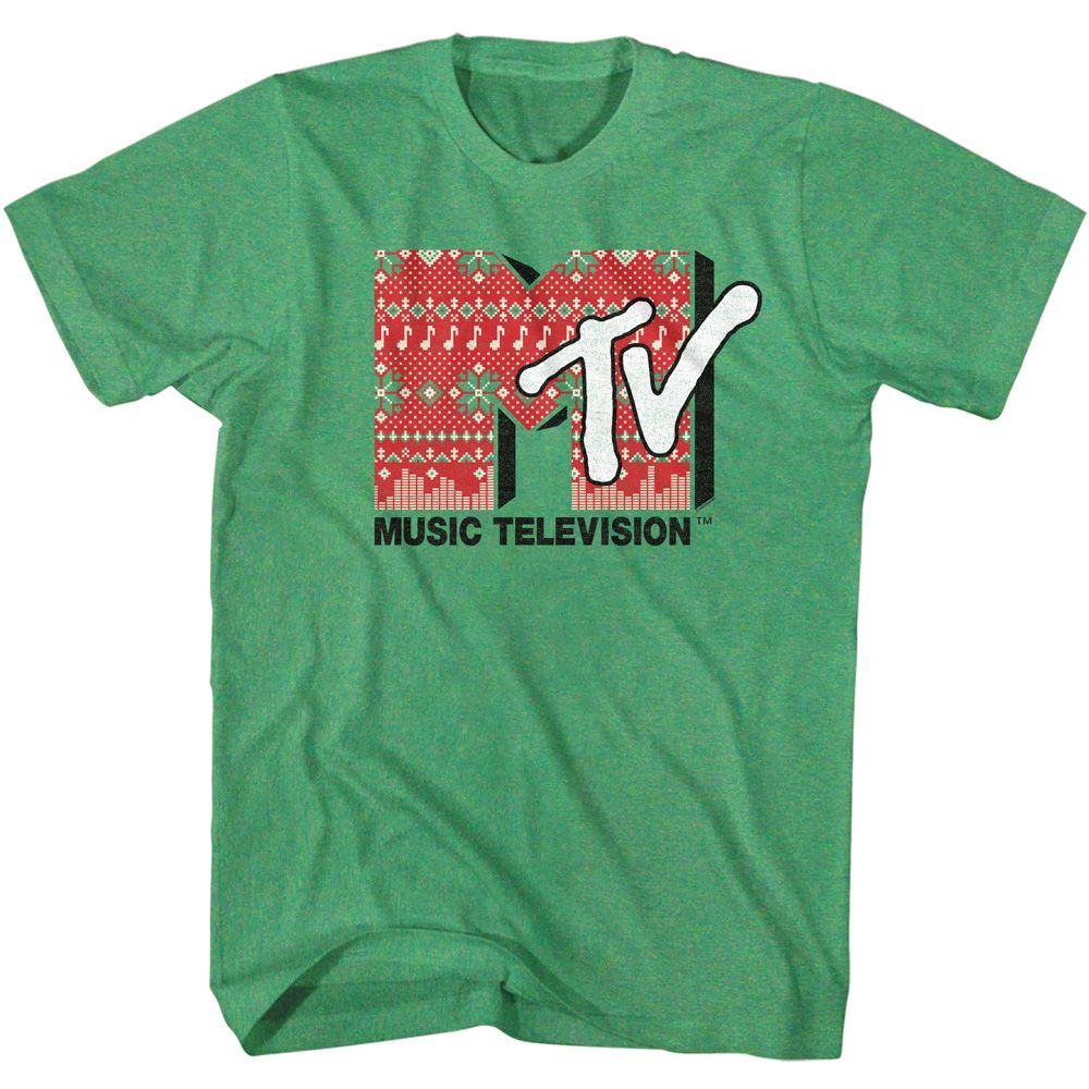 Green T-shirt with a festive MTV logo styled like an ugly Christmas sweater design with red, white, and music note patterns.