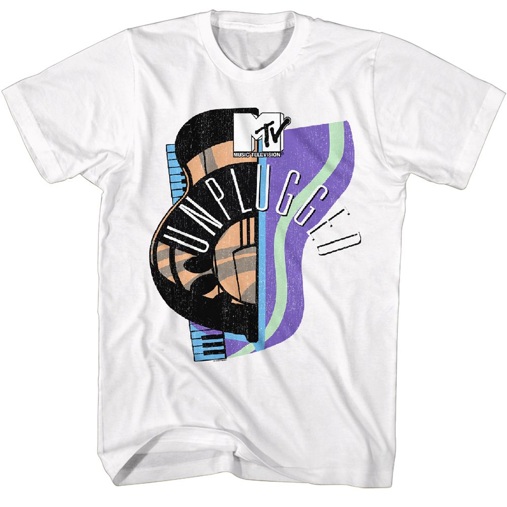 White T-shirt featuring a colorful abstract guitar and keyboard graphic with wavy purple and green shapes, the MTV Music Television logo at the top, and the word “Unplugged” stretched vertically across the artwork.