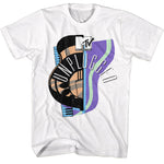 White T-shirt featuring a colorful abstract guitar and keyboard graphic with wavy purple and green shapes, the MTV Music Television logo at the top, and the word “Unplugged” stretched vertically across the artwork.