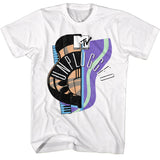 White T-shirt featuring a colorful abstract guitar and keyboard graphic with wavy purple and green shapes, the MTV Music Television logo at the top, and the word “Unplugged” stretched vertically across the artwork.