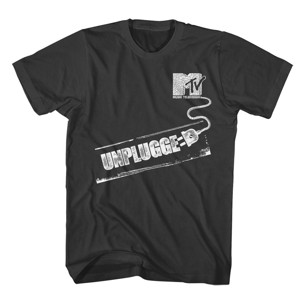 Black T-shirt featuring a distressed white MTV Music Television logo on the upper left chest with a trailing cable leading to a large angled “Unplugged” stencil-style graphic across the front.