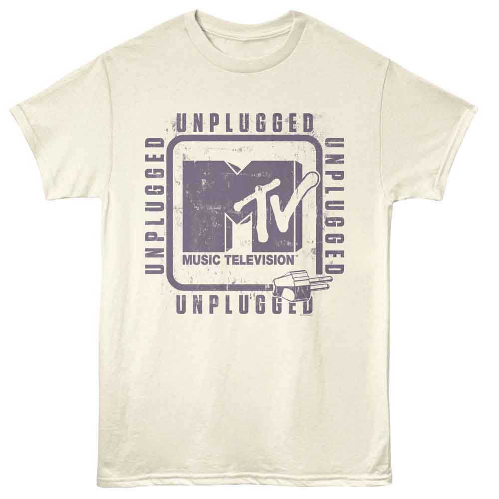 Cream-colored T-shirt featuring a distressed MTV Unplugged logo with repeated “Unplugged” text around the design.