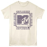 Cream-colored T-shirt featuring a distressed MTV Unplugged logo with repeated “Unplugged” text around the design.