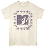 Cream-colored T-shirt featuring a distressed MTV Unplugged logo with repeated “Unplugged” text around the design.