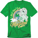 Green My Little Pony T-shirt featuring magical unicorn with rainbow and shamrocks reading “I Don’t Need Luck I’m Magical”