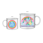 A set of two ceramic mugs, one smaller with the text 'My Little Pony' and a larger mug with 'FRIENDS 4-EVER' and an illustration of colorful cartoon characters.