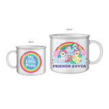 A set of two ceramic mugs, one smaller with the text 'My Little Pony' and a larger mug with 'FRIENDS 4-EVER' and an illustration of colorful cartoon characters.