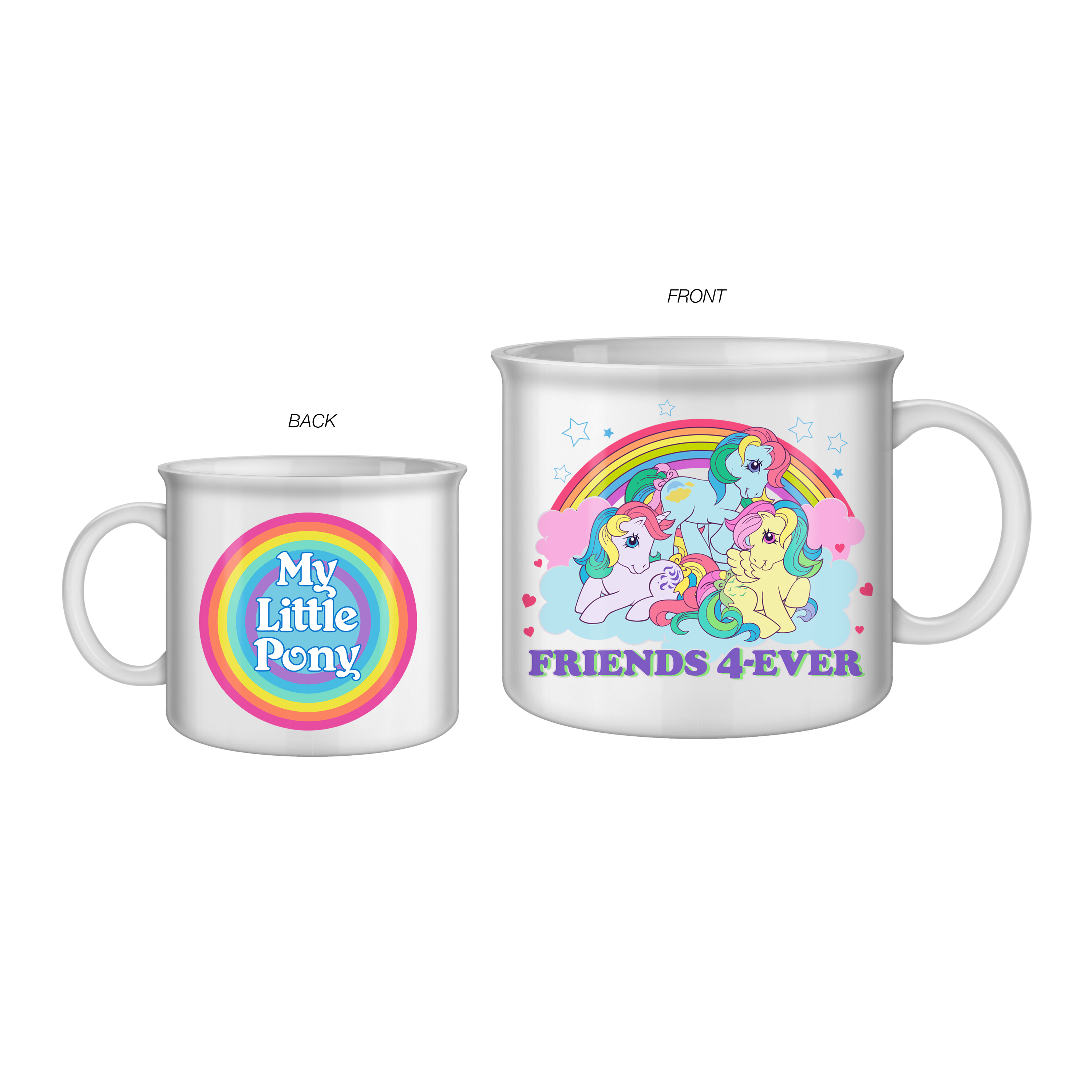 A set of two ceramic mugs, one smaller with the text 'My Little Pony' and a larger mug with 'FRIENDS 4-EVER' and an illustration of colorful cartoon characters.