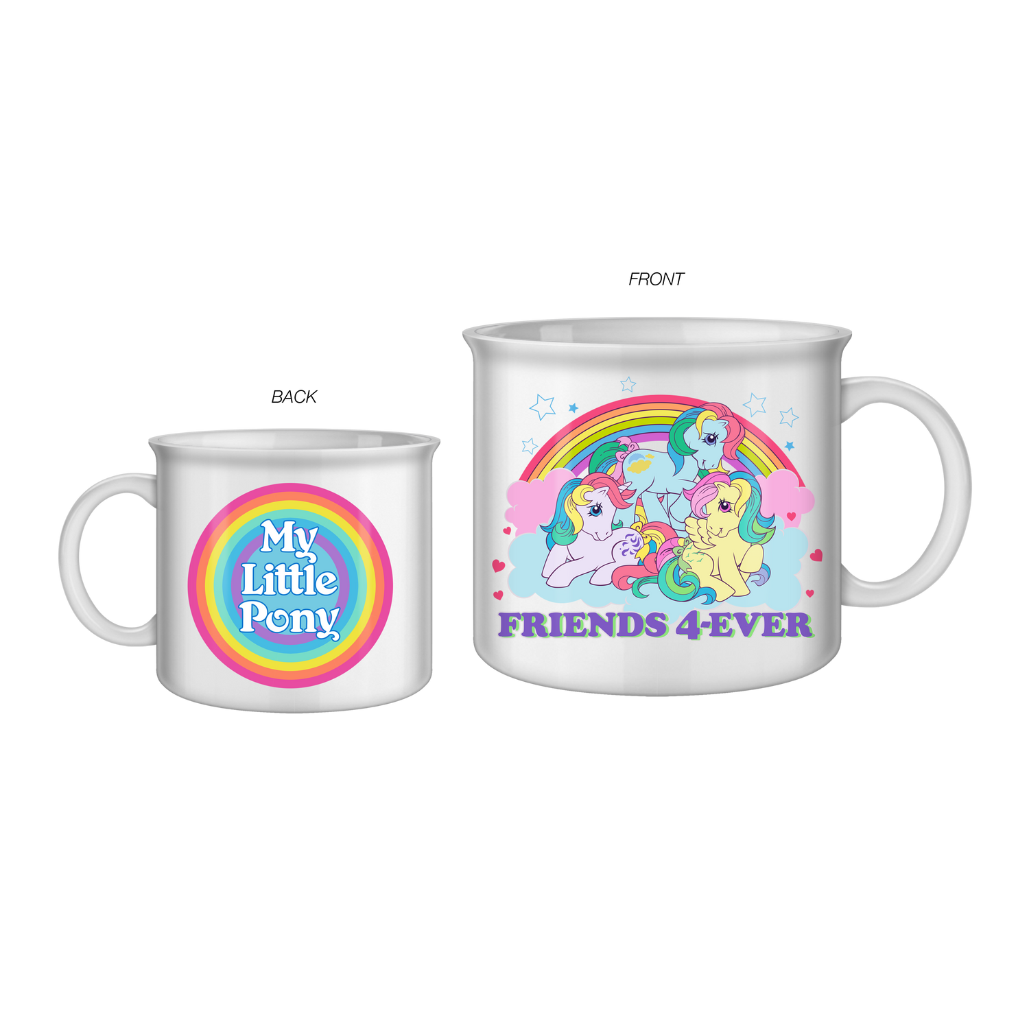 A set of two ceramic mugs, one smaller with the text 'My Little Pony' and a larger mug with 'FRIENDS 4-EVER' and an illustration of colorful cartoon characters.
