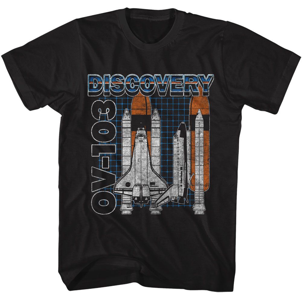 NASA Discovery OV-103 space shuttle blueprint style graphic officially licensed black T-shirt