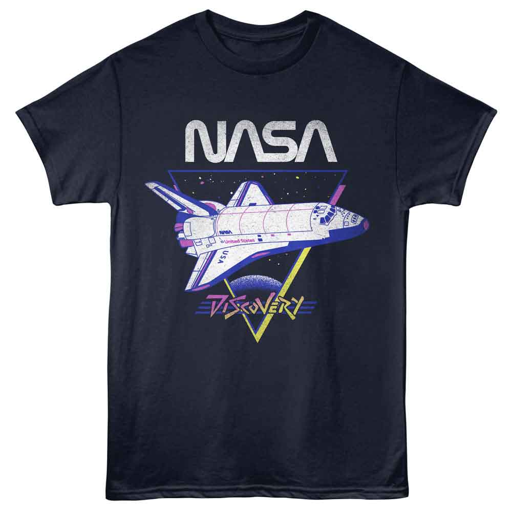 NASA Discovery space shuttle retro neon graphic officially licensed navy T-shirt