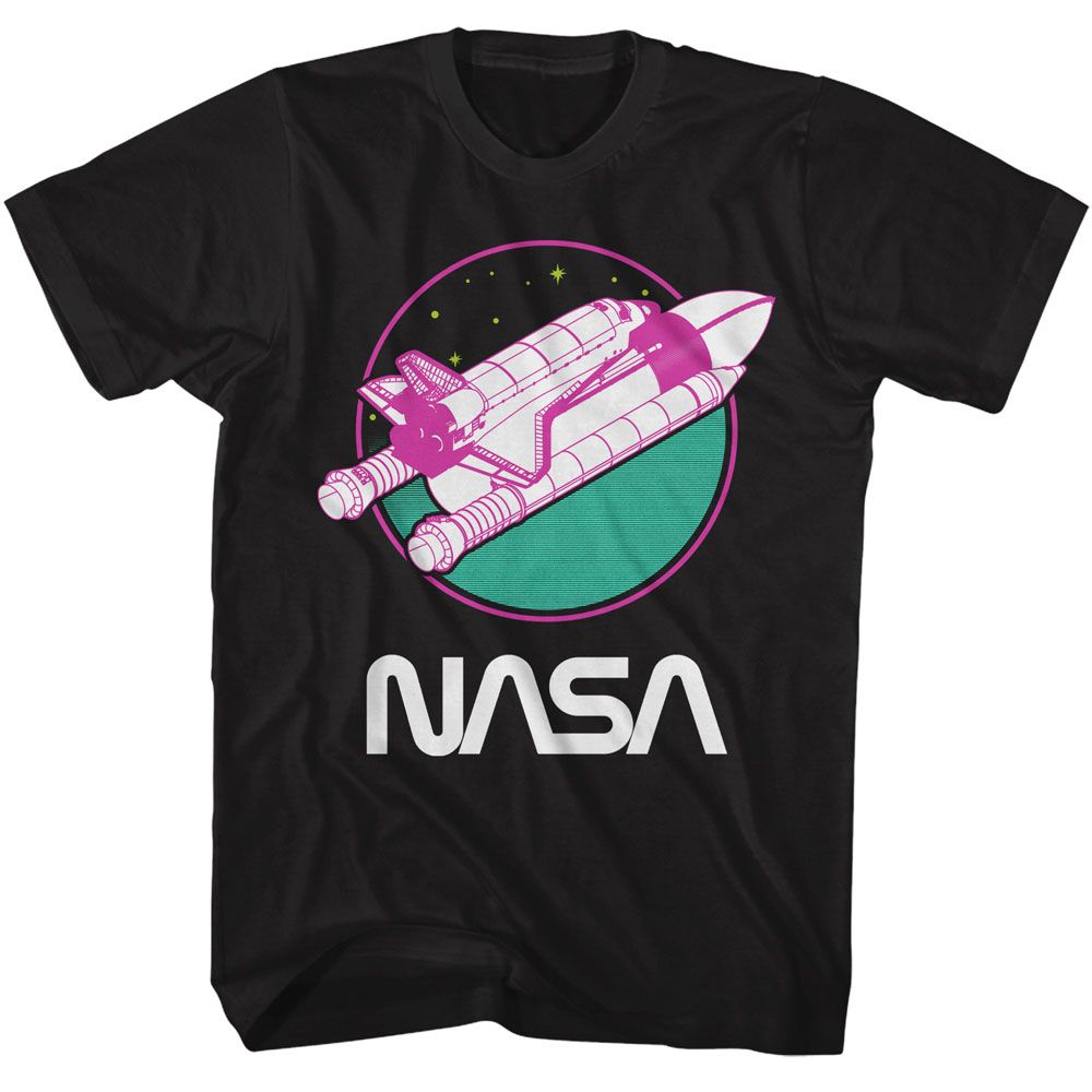 Officially licensed NASA neon space shuttle T-shirt with retro 1980s color palette