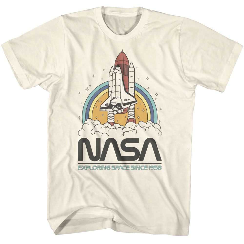 NASA space shuttle launch with rainbow arc retro illustration officially licensed cream T-shirt