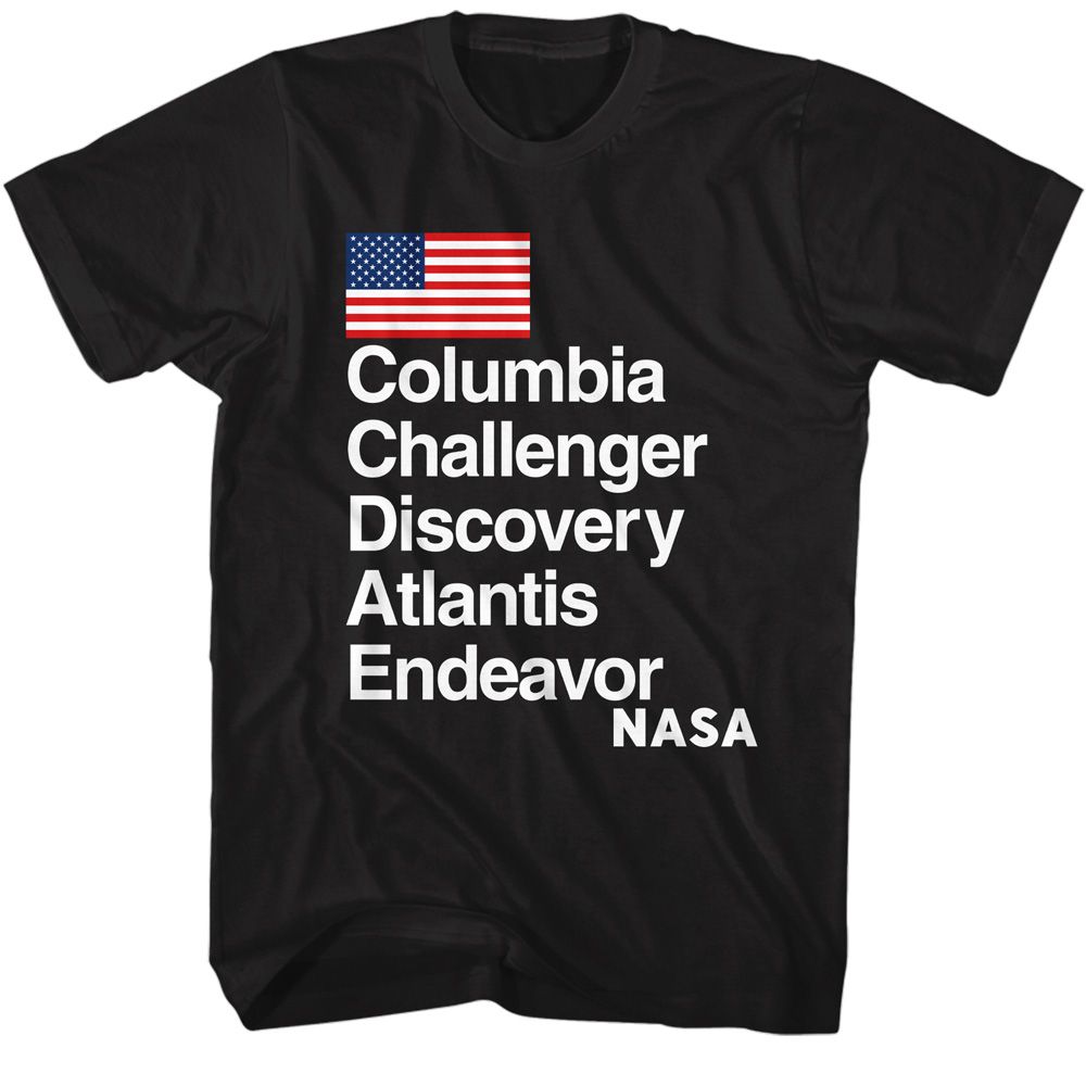 NASA space shuttle fleet names Columbia Challenger Discovery Atlantis Endeavour officially licensed black T-shirt