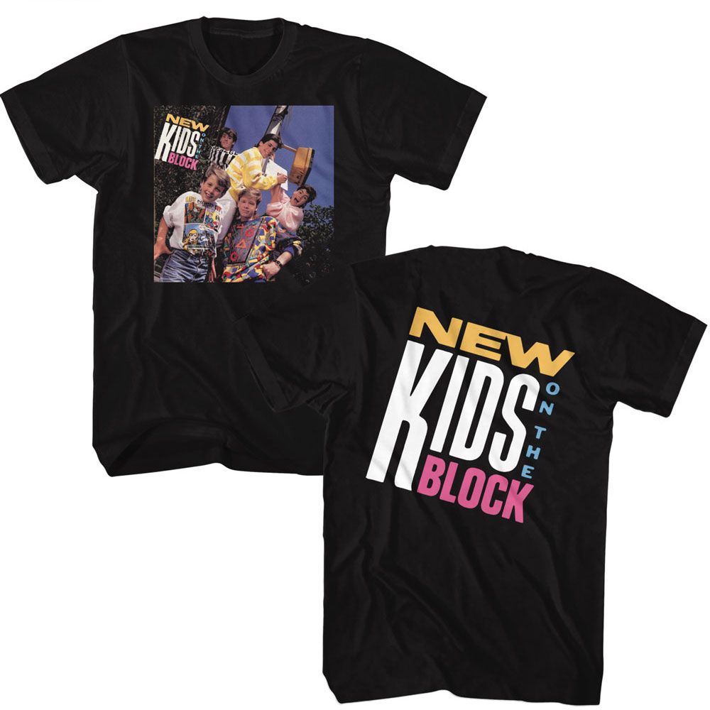 Black T-shirt with a front graphic of New Kids on the Block posing outdoors in colorful 80s outfits and a large stylized NKOTB logo printed on the back.
