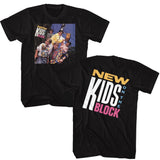 Black T-shirt with a front graphic of New Kids on the Block posing outdoors in colorful 80s outfits and a large stylized NKOTB logo printed on the back.