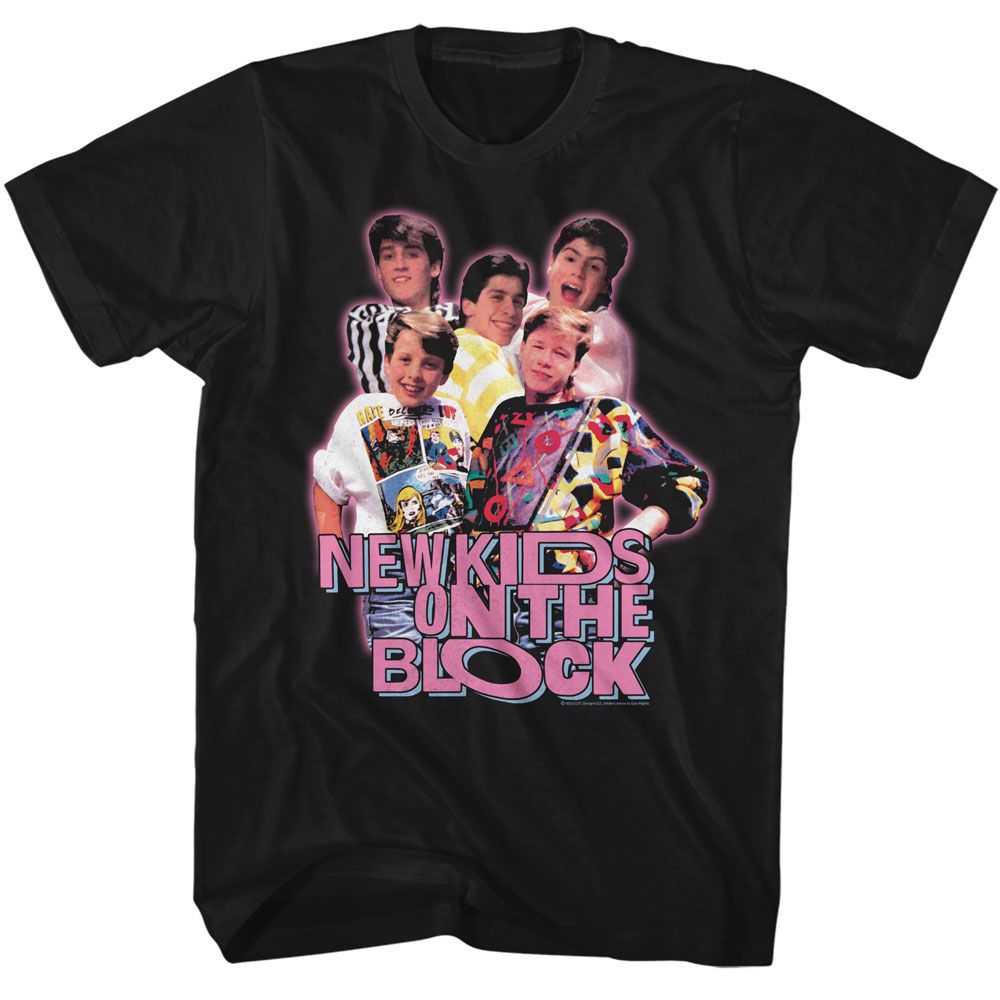 Black T-shirt featuring a vibrant photo of New Kids on the Block with a pink glow outline and bold pink NKOTB logo text underneath.