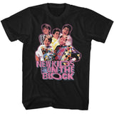 Black T-shirt featuring a vibrant photo of New Kids on the Block with a pink glow outline and bold pink NKOTB logo text underneath.