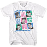 White T-shirt featuring a colorful pop-art style grid of New Kids on the Block member portraits mixed with bright NKOTB logo blocks.
