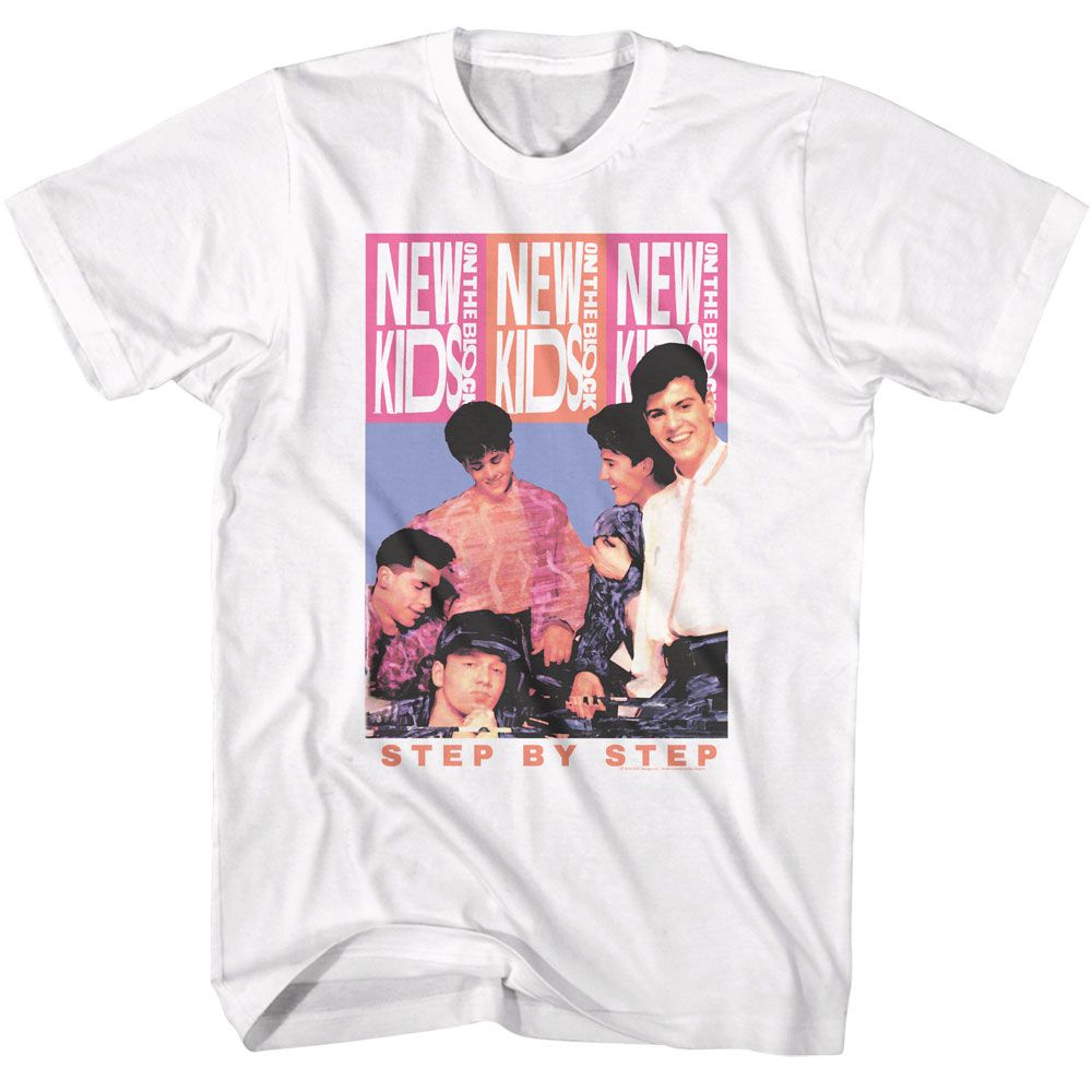White T-shirt featuring a pink-and-blue graphic of New Kids on the Block with repeating vertical NKOTB logos and “Step By Step” text below.