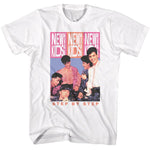 White T-shirt featuring a pink-and-blue graphic of New Kids on the Block with repeating vertical NKOTB logos and “Step By Step” text below.