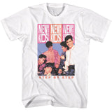 White T-shirt featuring a pink-and-blue graphic of New Kids on the Block with repeating vertical NKOTB logos and “Step By Step” text below.
