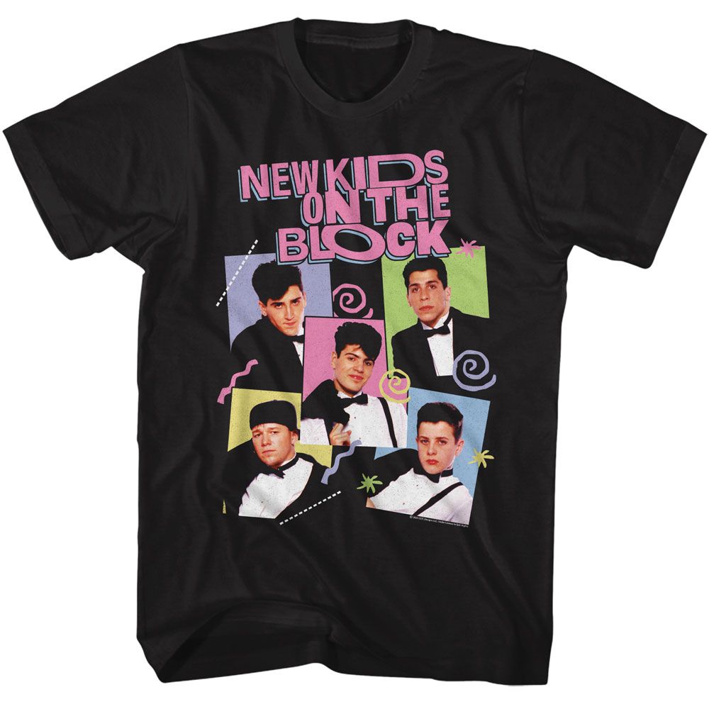 Black T-shirt featuring New Kids on the Block in tuxedos arranged in colorful pop-art style blocks with retro doodle accents and a pink NKOTB logo above.