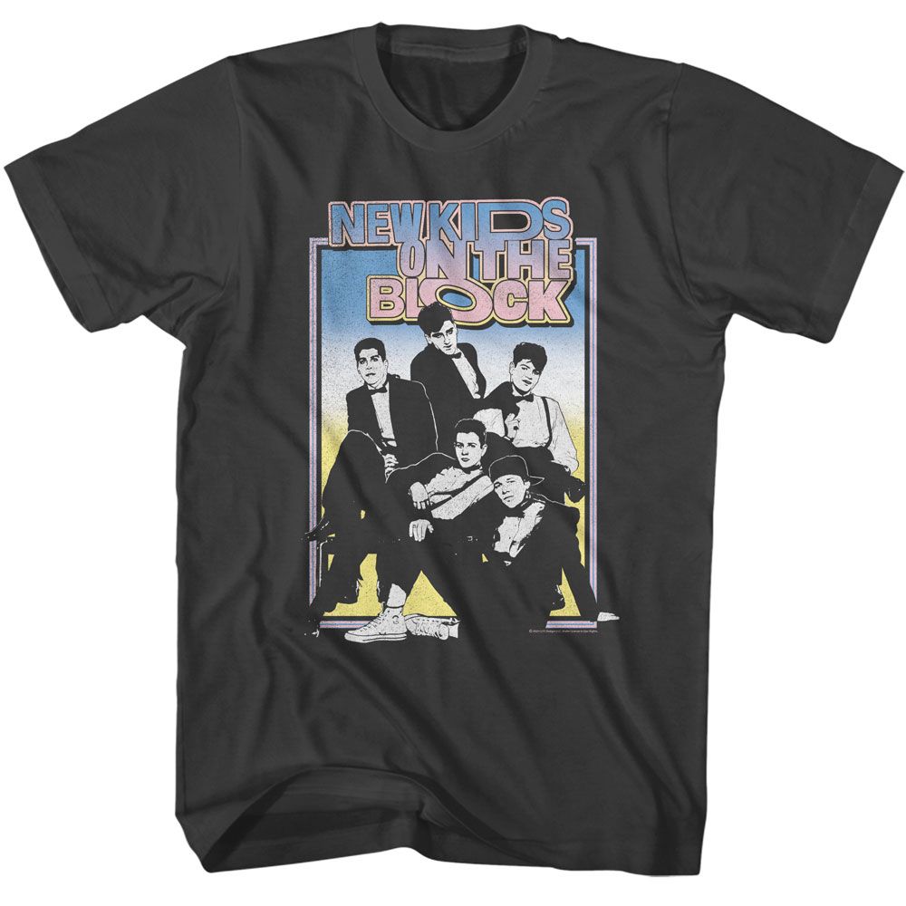 Black T-shirt featuring a vintage-style group photo of New Kids on the Block with a pastel pink, blue, and yellow retro logo above.