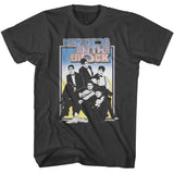 Black T-shirt featuring a vintage-style group photo of New Kids on the Block with a pastel pink, blue, and yellow retro logo above.
