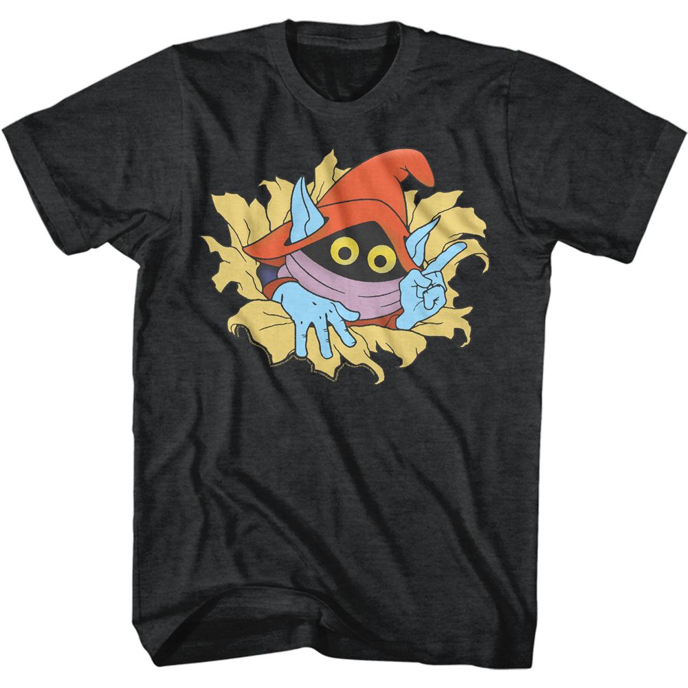 Black Masters of the Universe T-shirt featuring Orko peeking through a torn hole with a red hat, blue hands, and big yellow eyes in a retro cartoon style.