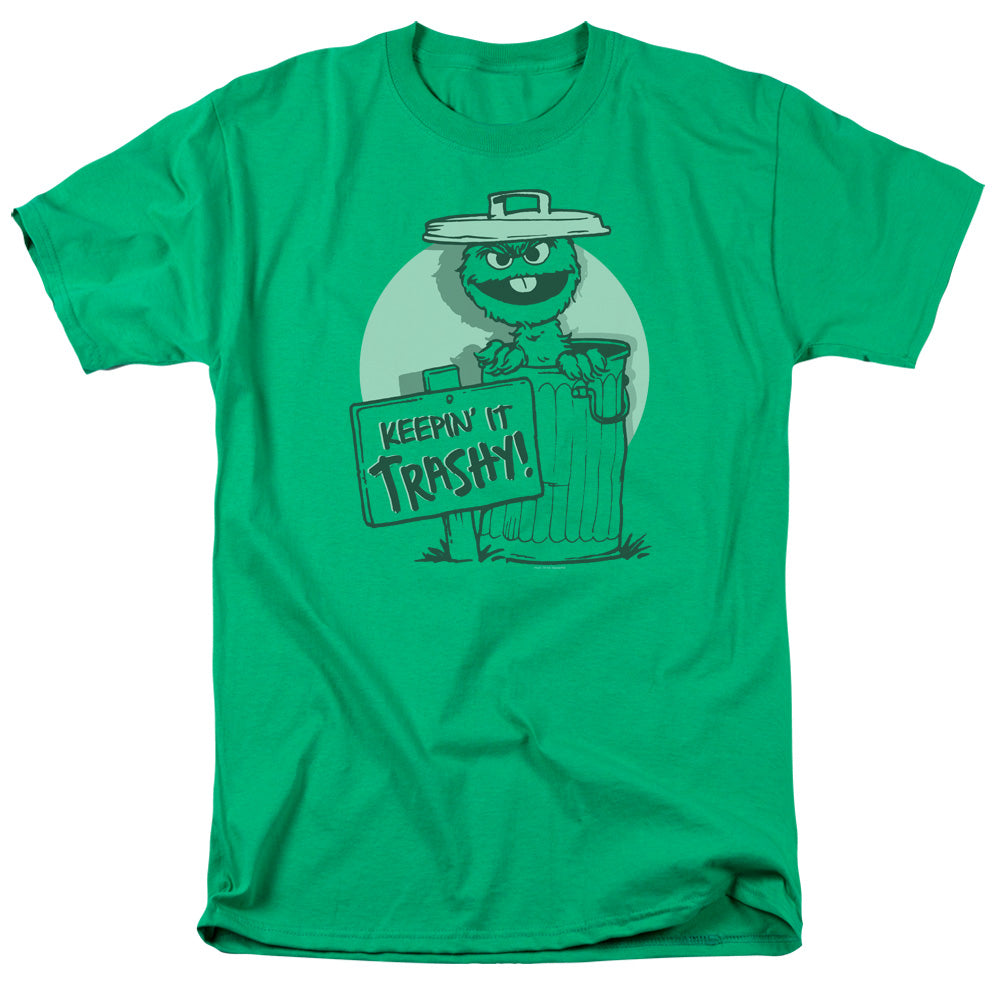 Green Sesame Street T-shirt featuring Oscar the Grouch in a trash can holding a “Keepin’ It Trashy!” sign