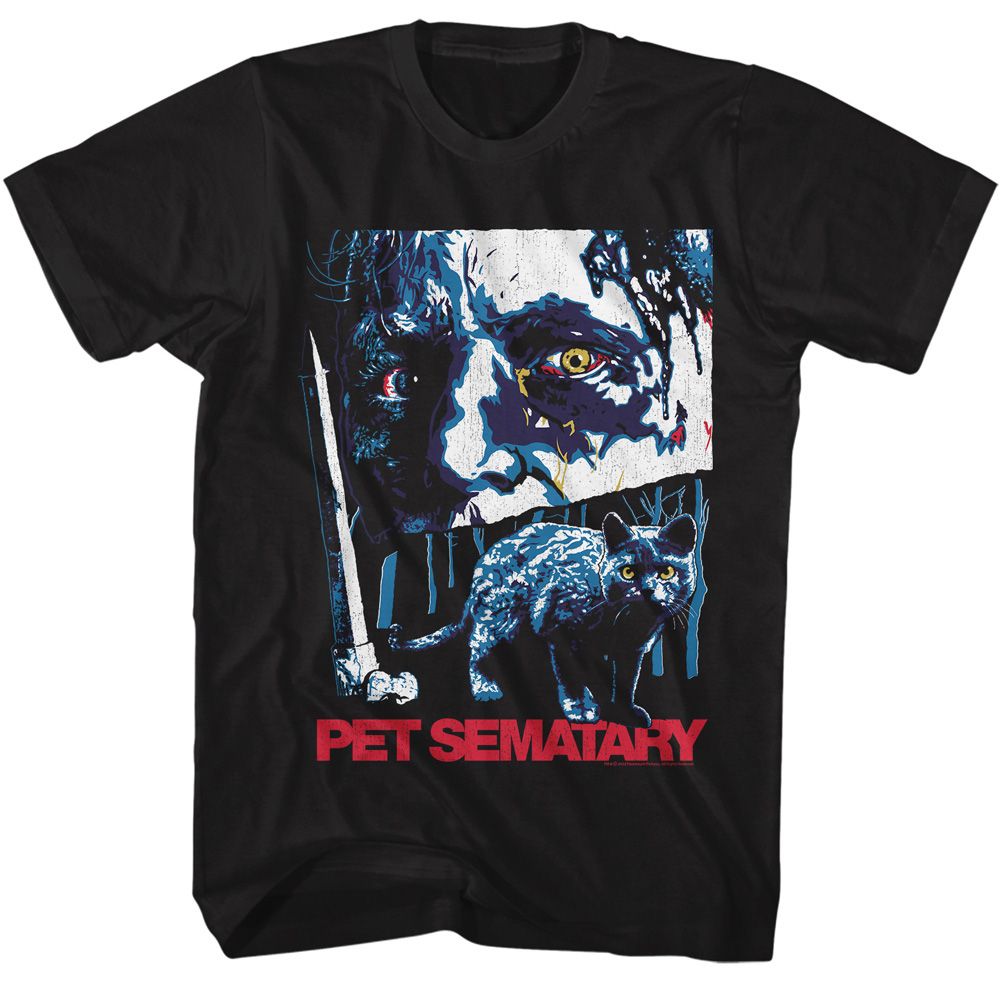 Pet Sematary T-shirt with eerie face, cat, and dark horror artwork in blue tones