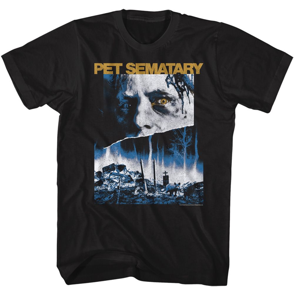 Pet Sematary horror T-shirt with haunting face and graveyard scene in dark blue tones