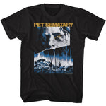 Pet Sematary horror T-shirt with haunting face and graveyard scene in dark blue tones