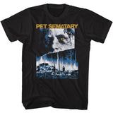 Pet Sematary horror T-shirt with haunting face and graveyard scene in dark blue tones
