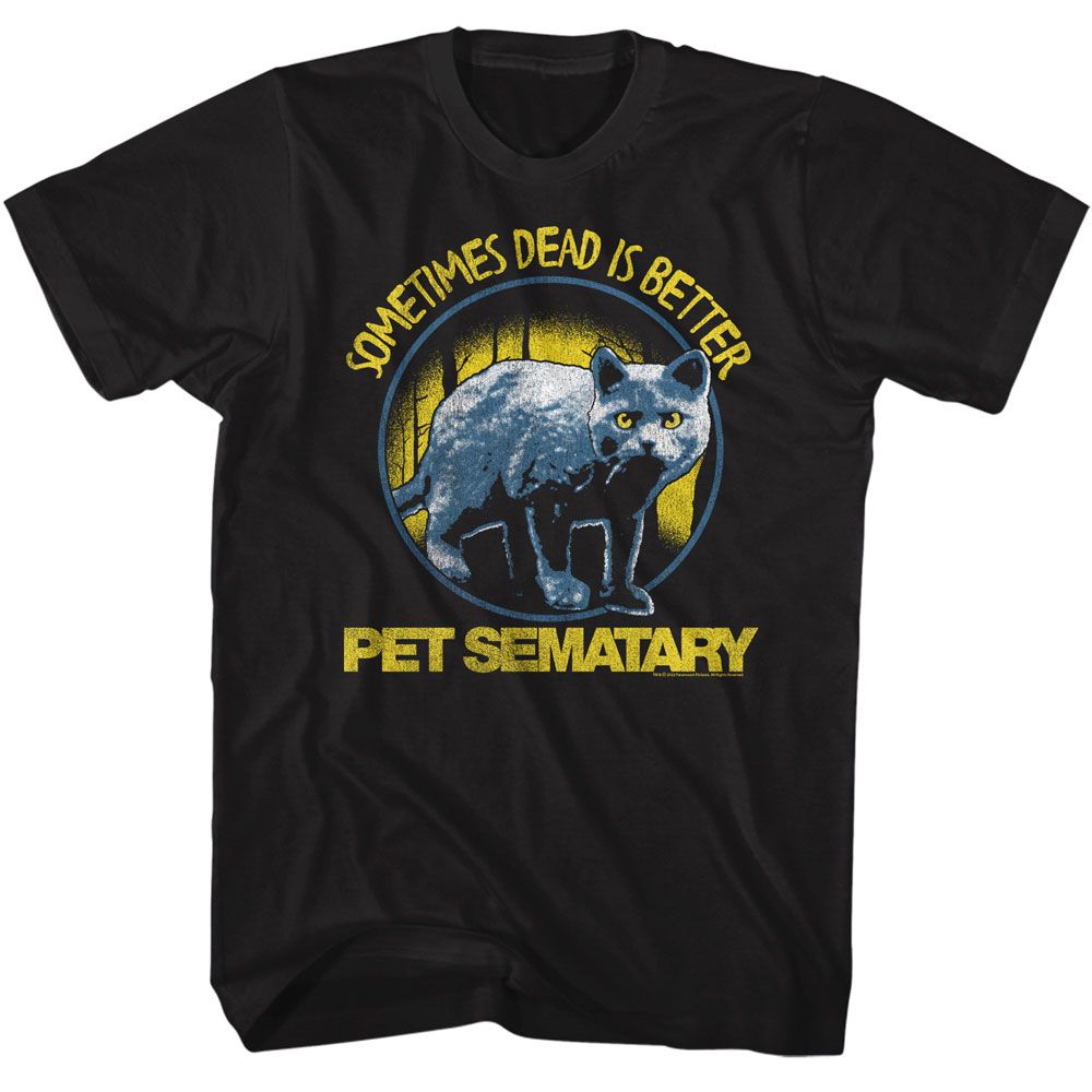 Pet Sematary T-shirt featuring Church the cat with “Sometimes dead is better” text in vintage horror style