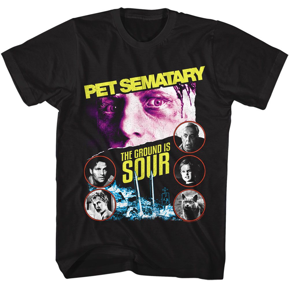 Pet Sematary T-shirt featuring character collage with “The ground is sour” text in bold vintage horror design