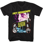 Pet Sematary T-shirt featuring character collage with “The ground is sour” text in bold vintage horror design