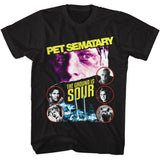 Pet Sematary T-shirt featuring character collage with “The ground is sour” text in bold vintage horror design