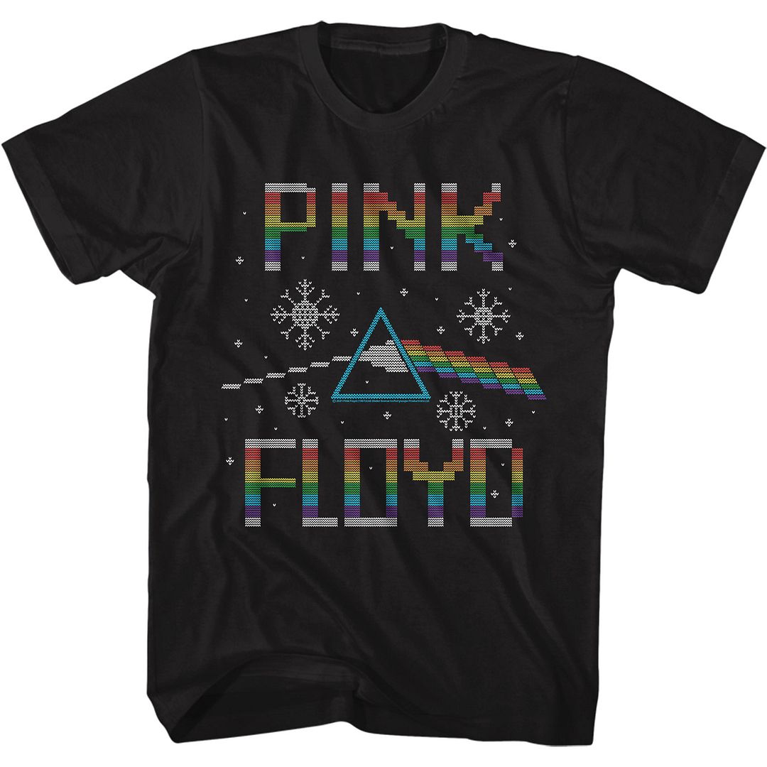 Black Pink Floyd T-shirt with rainbow prism design styled like an ugly Christmas sweater featuring snowflakes and pixelated text.
