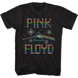 Black Pink Floyd T-shirt with rainbow prism design styled like an ugly Christmas sweater featuring snowflakes and pixelated text.